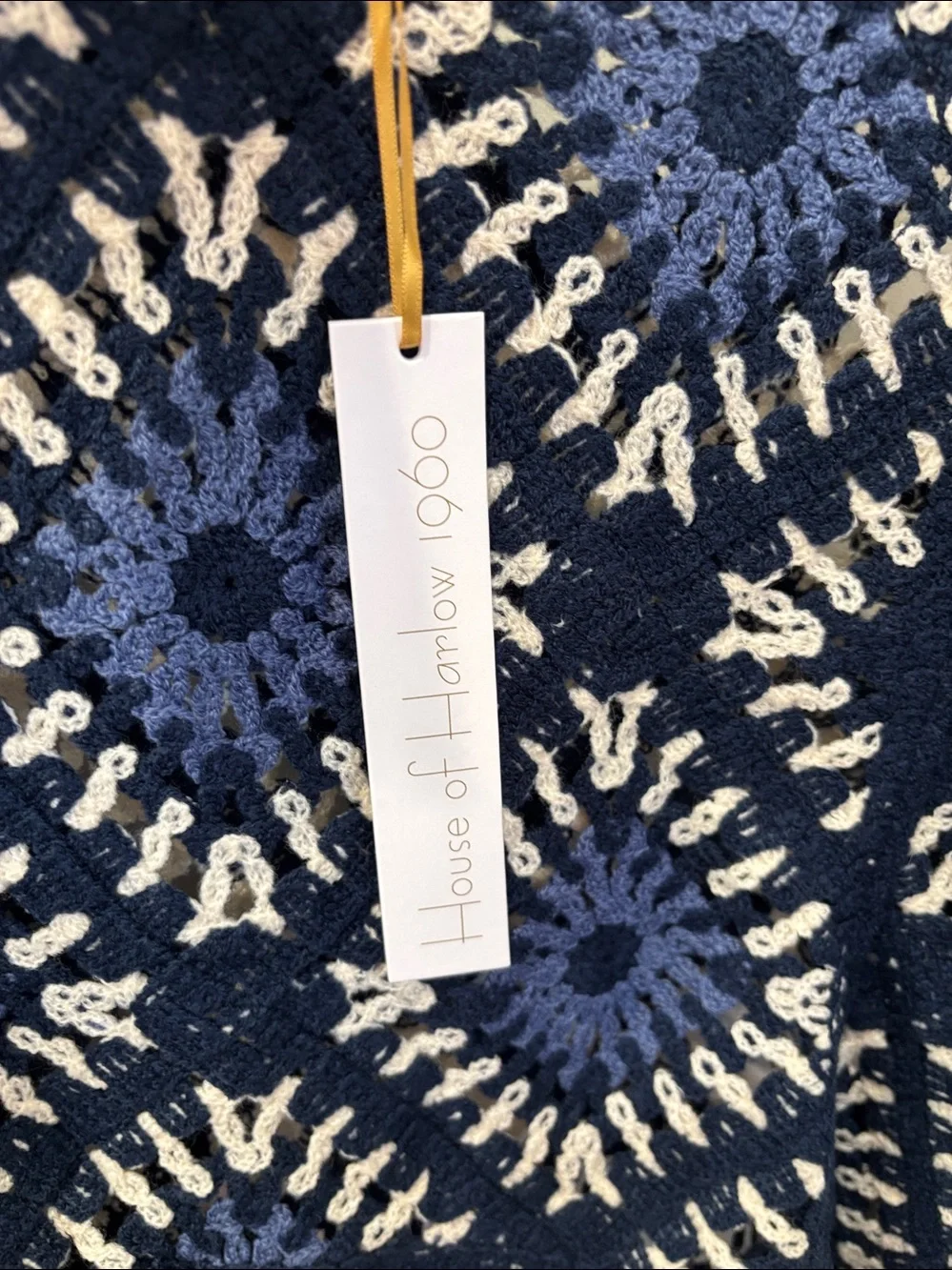 NWT House of Harlow 1960 Blue Geometric design Crochet fringe poncho